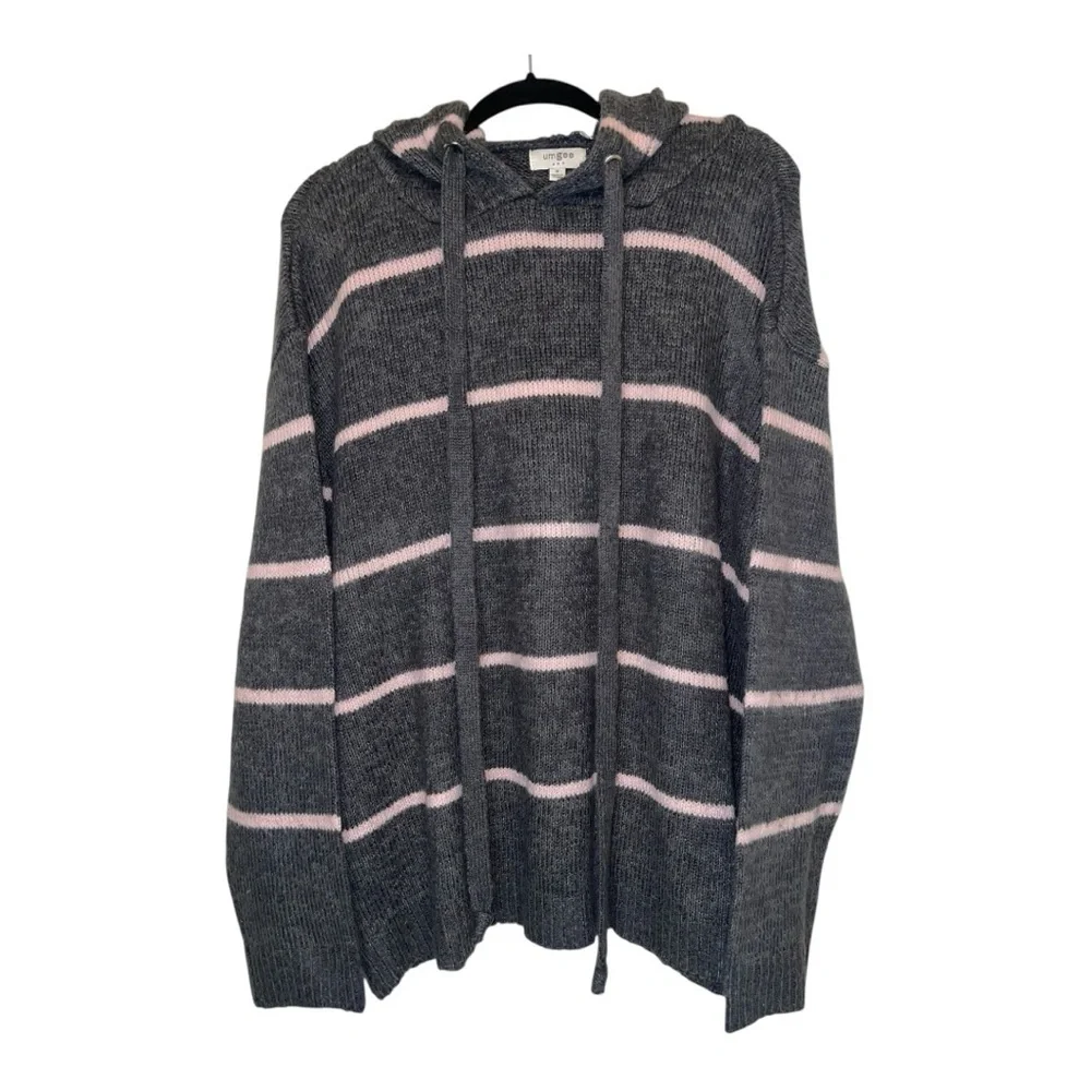 Umgee Oversized Charcoal and Blush Knit hooded Sweater